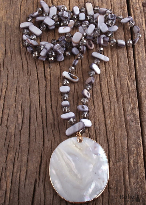 Boho Necklace, RH Pink Rose Crystal Shell